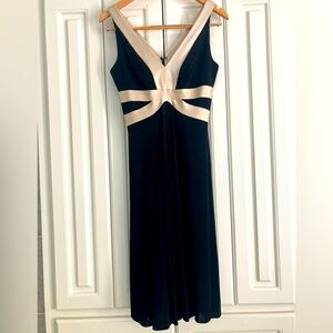 Kay Unger Flowy Zip Up Sleeveless Black Beige Cocktail Satin Trim Dress Size 6